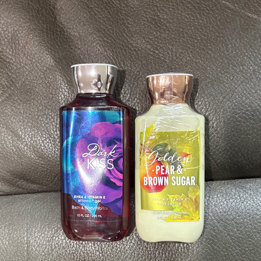 Bath and body body care set in dark kiss and golden pear and brown sugar